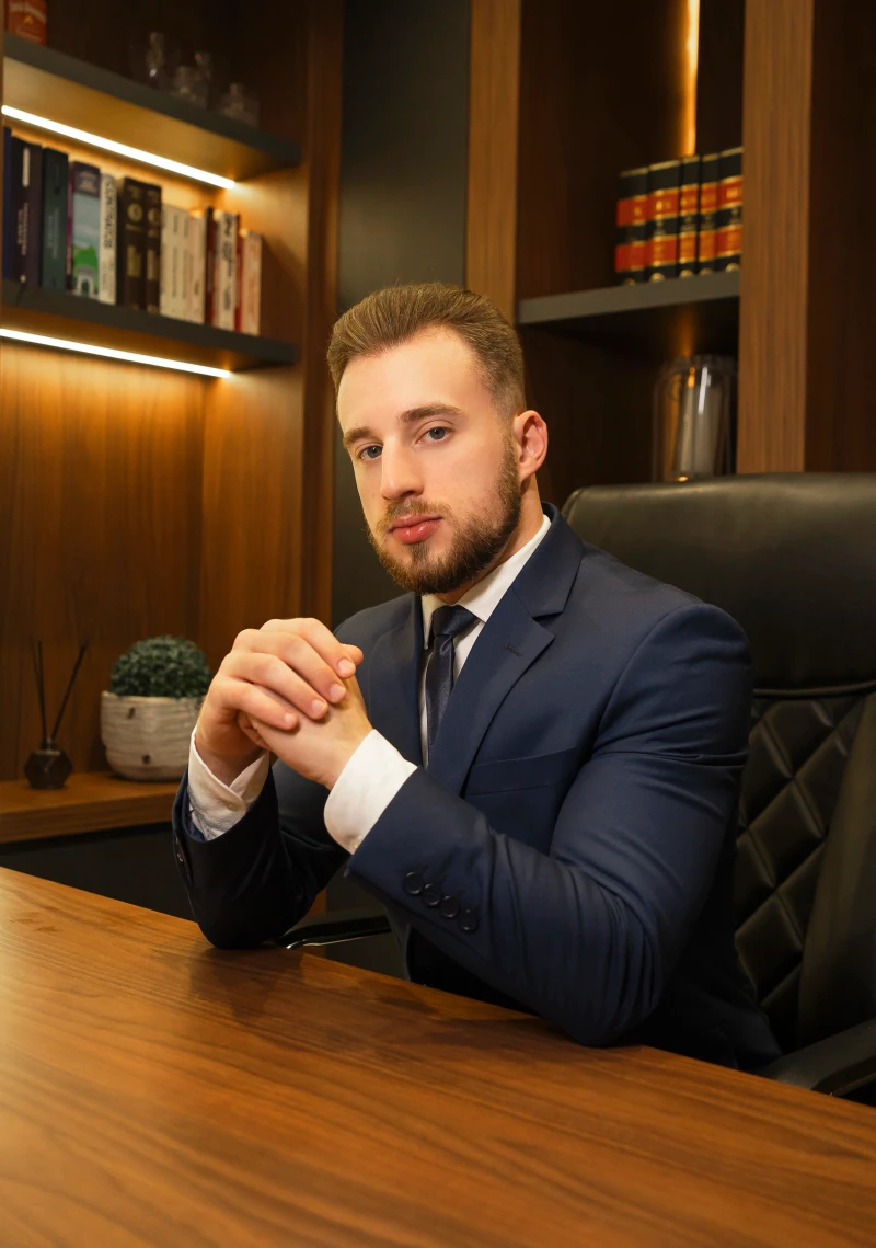 Gustavo vestindo terno azul, de mãos cruzadas, sentado em sua cadeira no escritório.